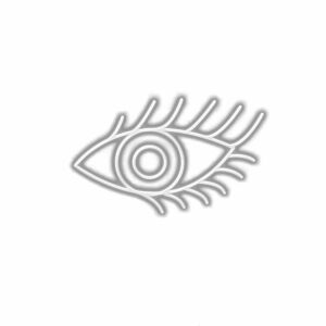 Abstract eye illustration, white embossed design on gray background.