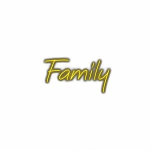 Neon-style 'Family' text sign on white background.