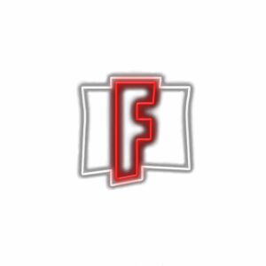 Red and white stylized letter F logo.