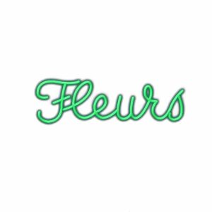 Neon green "Fleurs" sign on white background.