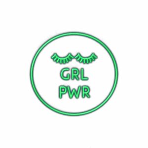 Neon sign with "GRL PWR" and eyelashes design.