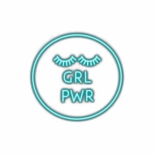 Neon sign with "GRL PWR" and eyelash graphics.