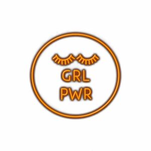Neon "GRL PWR" sign with eyelashes illustration.