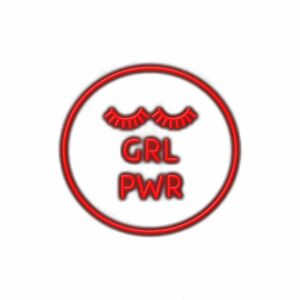 Neon sign with "GRL PWR" and eyelash graphics.