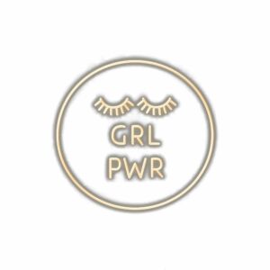GRL PWR text with eyelashes design, empowerment symbol.