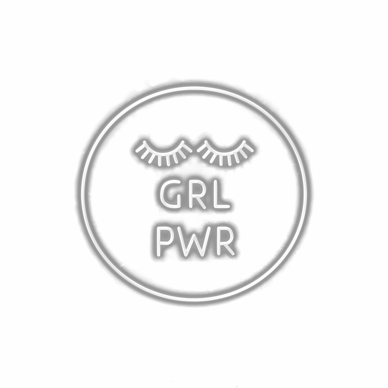 Neon sign with "GRL PWR" and eyelashes design.