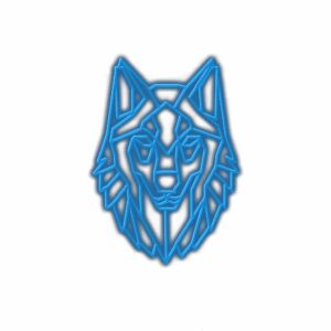 Abstract blue geometric wolf head illustration on white.