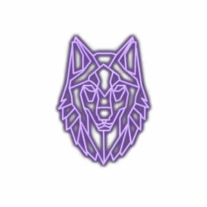 Geometric purple wolf head logo illustration.