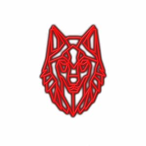 Red geometric lion head illustration.