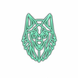Geometric wolf head logo with neon green outline.