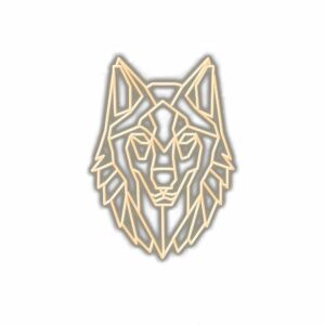 Geometric lion head logo design in gold and white.