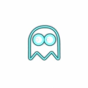 Neon blue ghost illustration on white background.