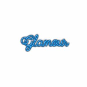 Blue cursive glamour text graphic design.