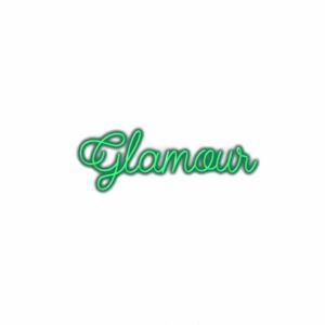 Neon green "Glamour" cursive text on white background.
