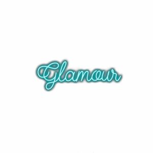 Neon Glamour sign with shadow and teal outline.