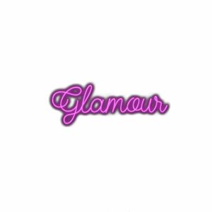 Neon pink "Glamour" sign with cursive font on white background.