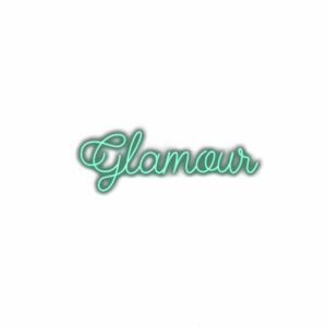Neon green "Glamour" cursive typography on white background.
