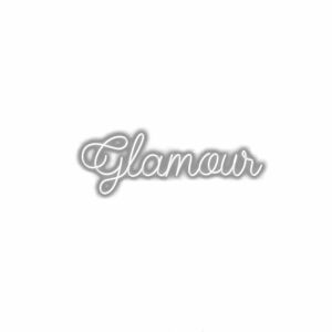 Stylized "Glamour" text with shadow effect on white background.