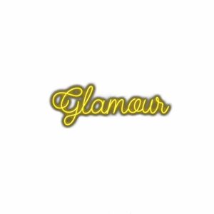 Neon "Glamour" sign with yellow glow on white background.