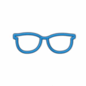 Blue neon eyeglasses sign on white background.