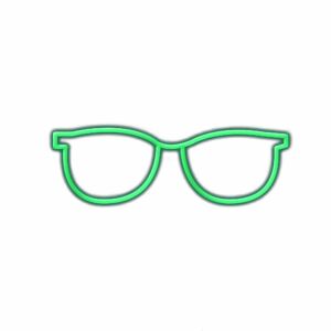 Neon green outline of eyeglasses on white background.