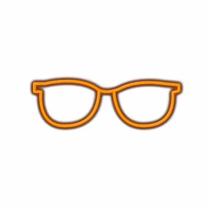 Orange eyeglasses frame on white background.