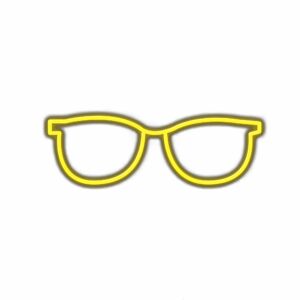 Yellow neon eyeglasses sign on white background.