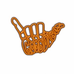 Illustration of hand with "Good Vibes" text.