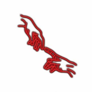 Red neon outline of interlocking hands on white background.