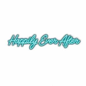 Cursive text "Happily Ever After" graphic design.