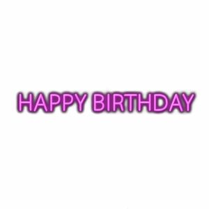 Purple "Happy Birthday" celebration text.