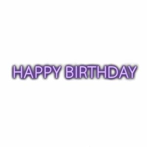 Purple "Happy Birthday" celebration text.