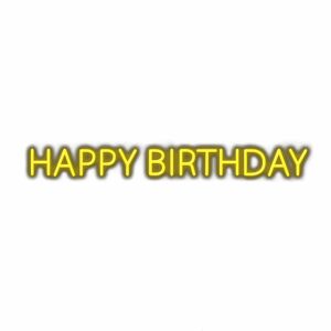 Yellow "Happy Birthday" celebration text on white background.
