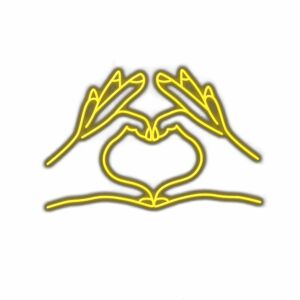 Neon sign of hands forming a heart shape.