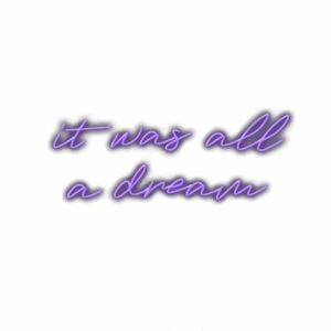 Inspirational quote "It was all a dream" in purple script.