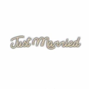 Just Married" sign in cursive font with shadow effect.