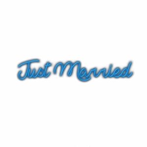 Stylized "Just Married" text in blue.