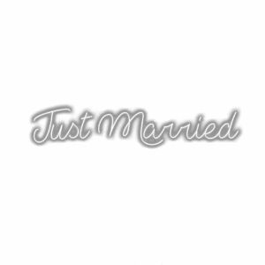 Just Married" elegant cursive text shadowed on white background.