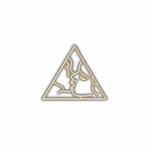 Abstract face line art in triangle badge.