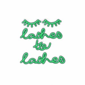 Neon sign "lashes to lashes" with eyelash illustration.