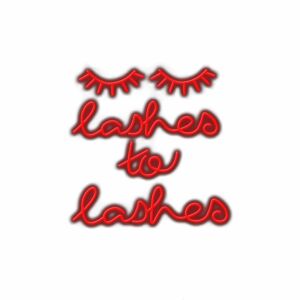 Red neon sign text "lashes to lashes" with eyelashes above.