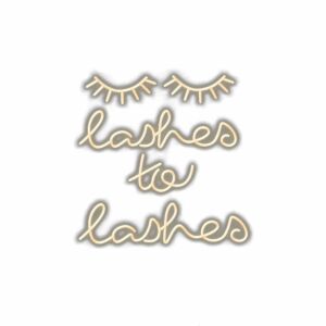 Closed eyelashes graphic with text "lashes to lashes