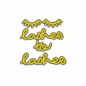 Neon sign saying "lashes to lashes" with eyelashes illustration.