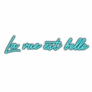 La vie est belle" in neon teal cursive font.