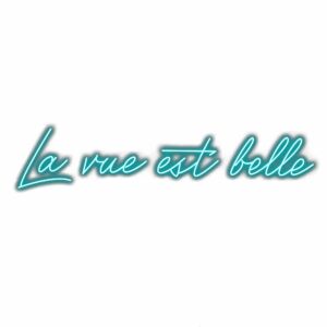 Neon script "La vie est belle" on white background.