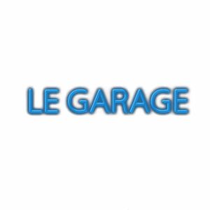 Stylized blue text "LE GARAGE" logo.