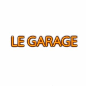 Le Garage sign with orange 3D lettering