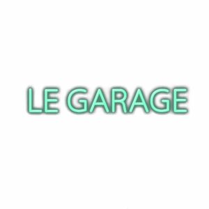 Neon sign text "LE GARAGE" on white background.