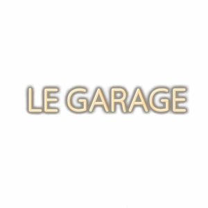 Le Garage sign with elegant gold letters on white