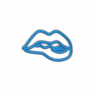 Neon blue lips sign on white background.